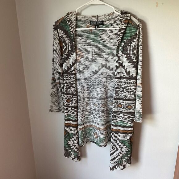 Aztec Boho Sweater. Hooded Western Style Duster. Cool! Med. Light Shacket hippie - Picture 3 of 8